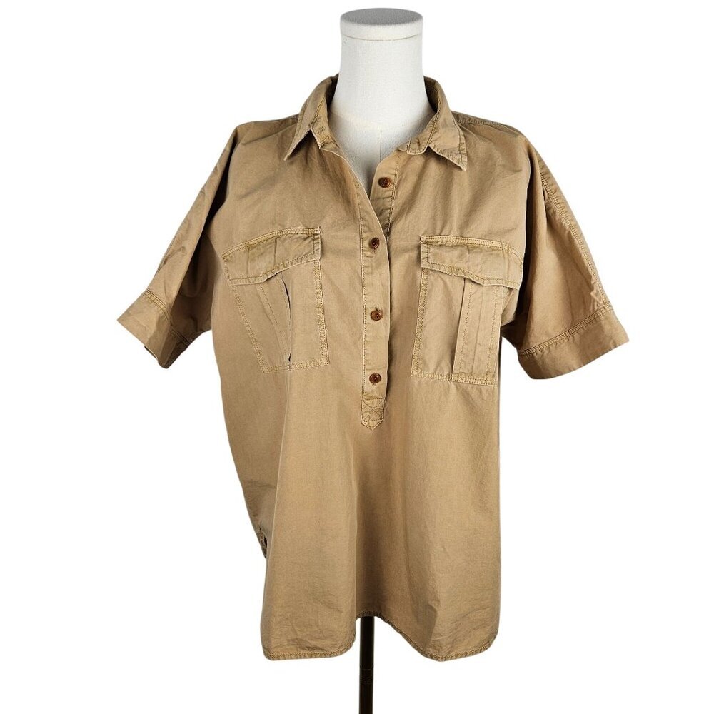 J. Crew Short Sleeve Shirt Utility Popover Size 8 Garment Dyed Cotton Poplin Kha